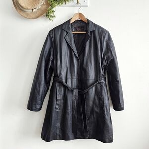 Phase Two Black 100% Leather Belted Coat 2X Insulated Quilted Lining Trench
